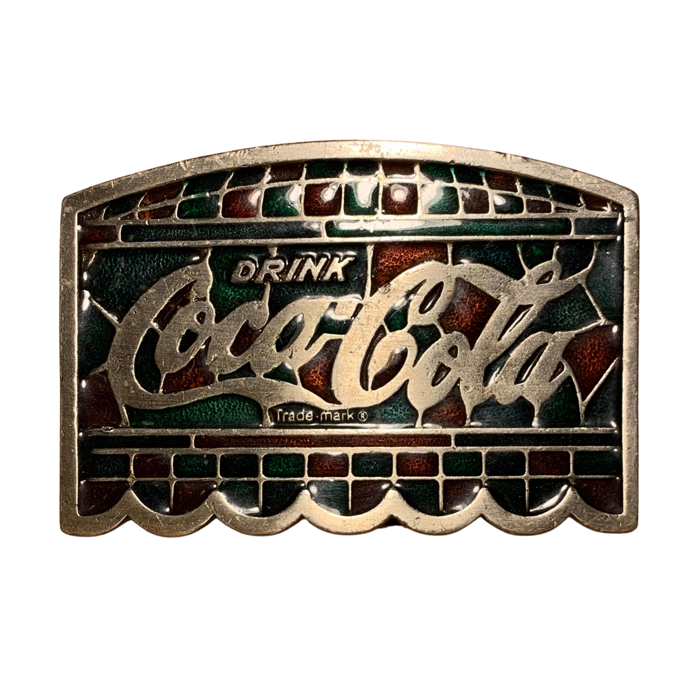 Vintage 1977 Coca-Cola Tiffany Style Belt Buckle by Bergamot Brass Works